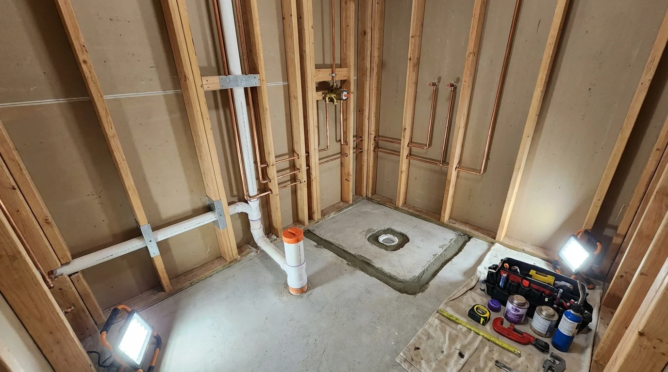 Bathroom rough-in plumbing during remodel by Johns Plumbing LLC in North Wales