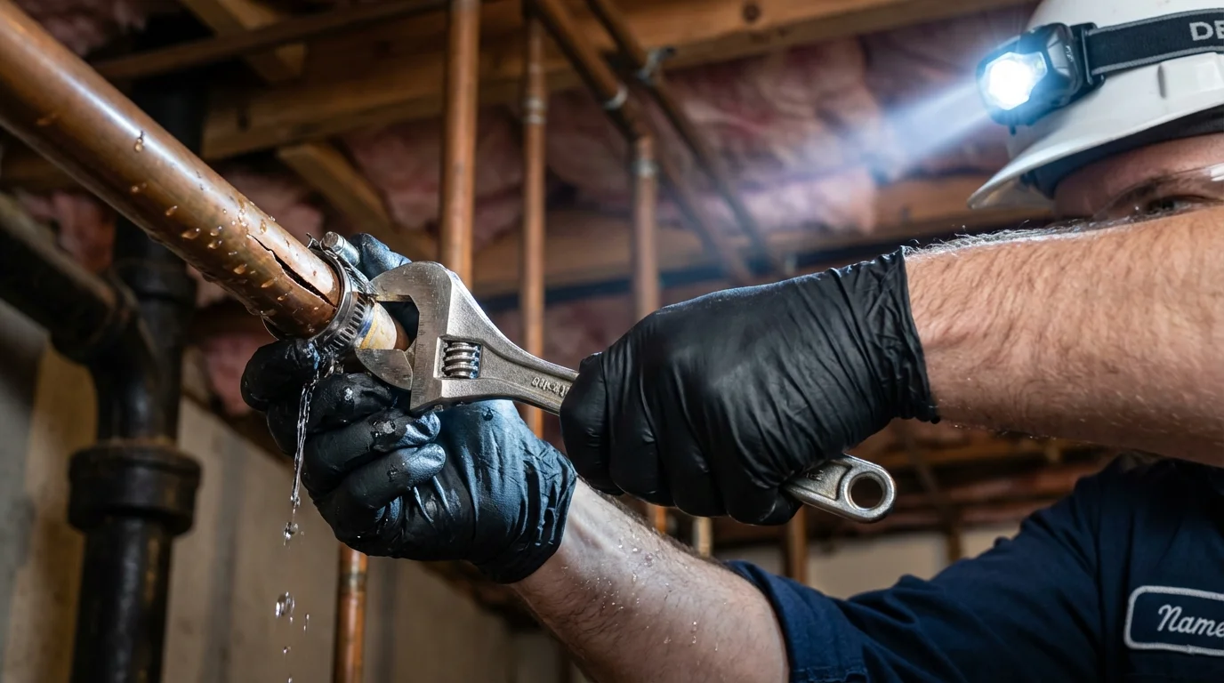 Emergency pipe clamp repair being performed by a Johns Plumbing LLC plumber in North Wales