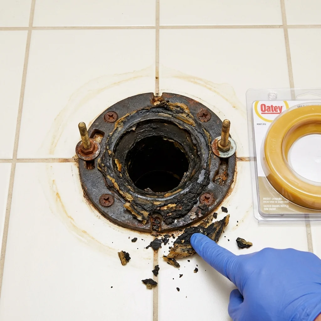 Failed wax ring showing water seepage at the base of a toilet in a North Wales, PA home