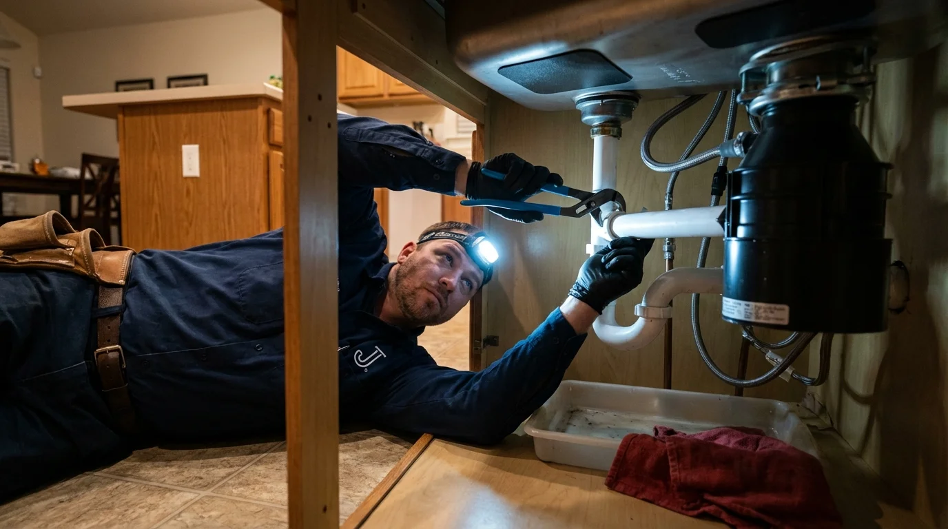 P-trap and supply line connections under a kitchen sink showing a common leak point in North Wales, PA